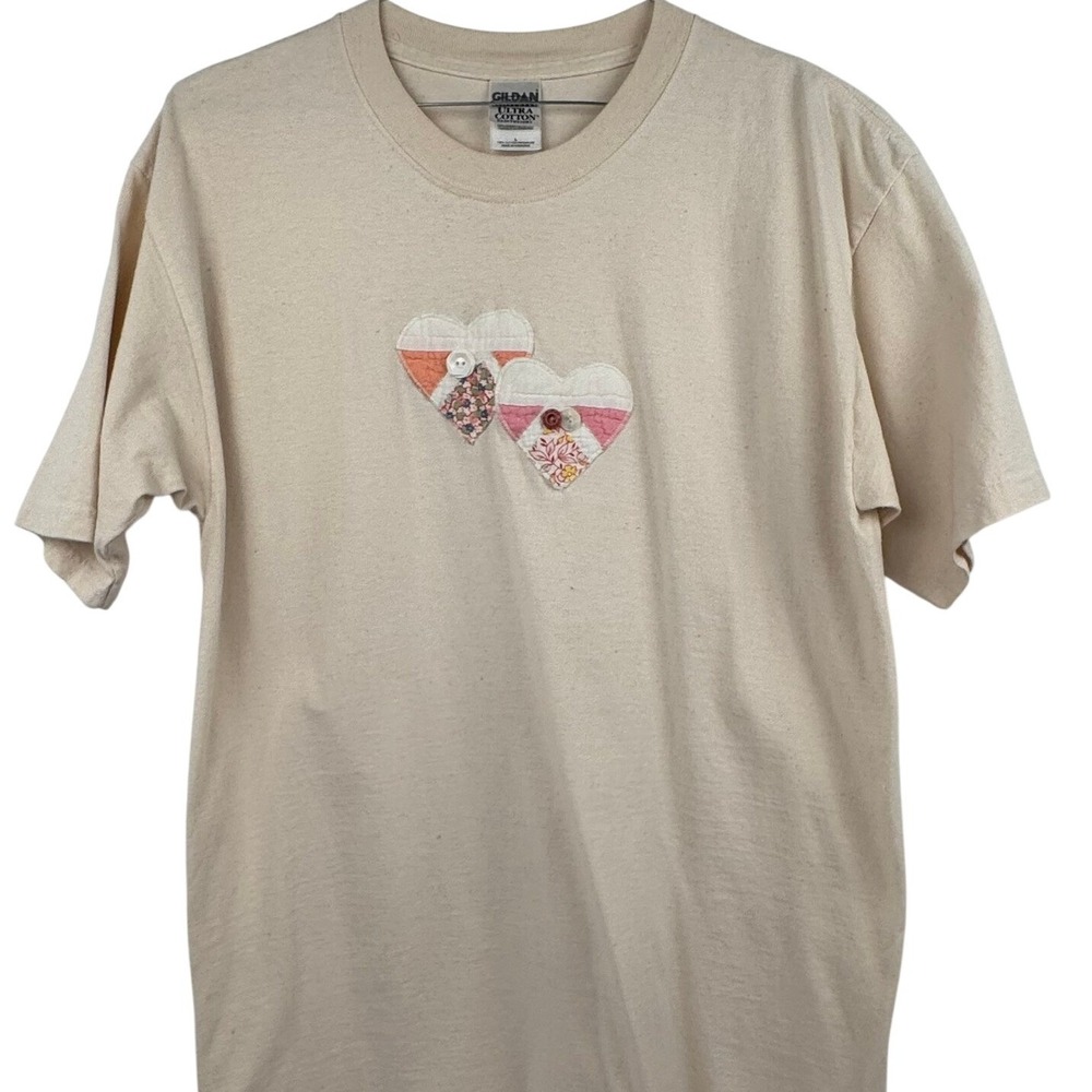 VTG‎ Double Heart Applique 90s Cotton Cottage Core Gildan T-Shirt Large